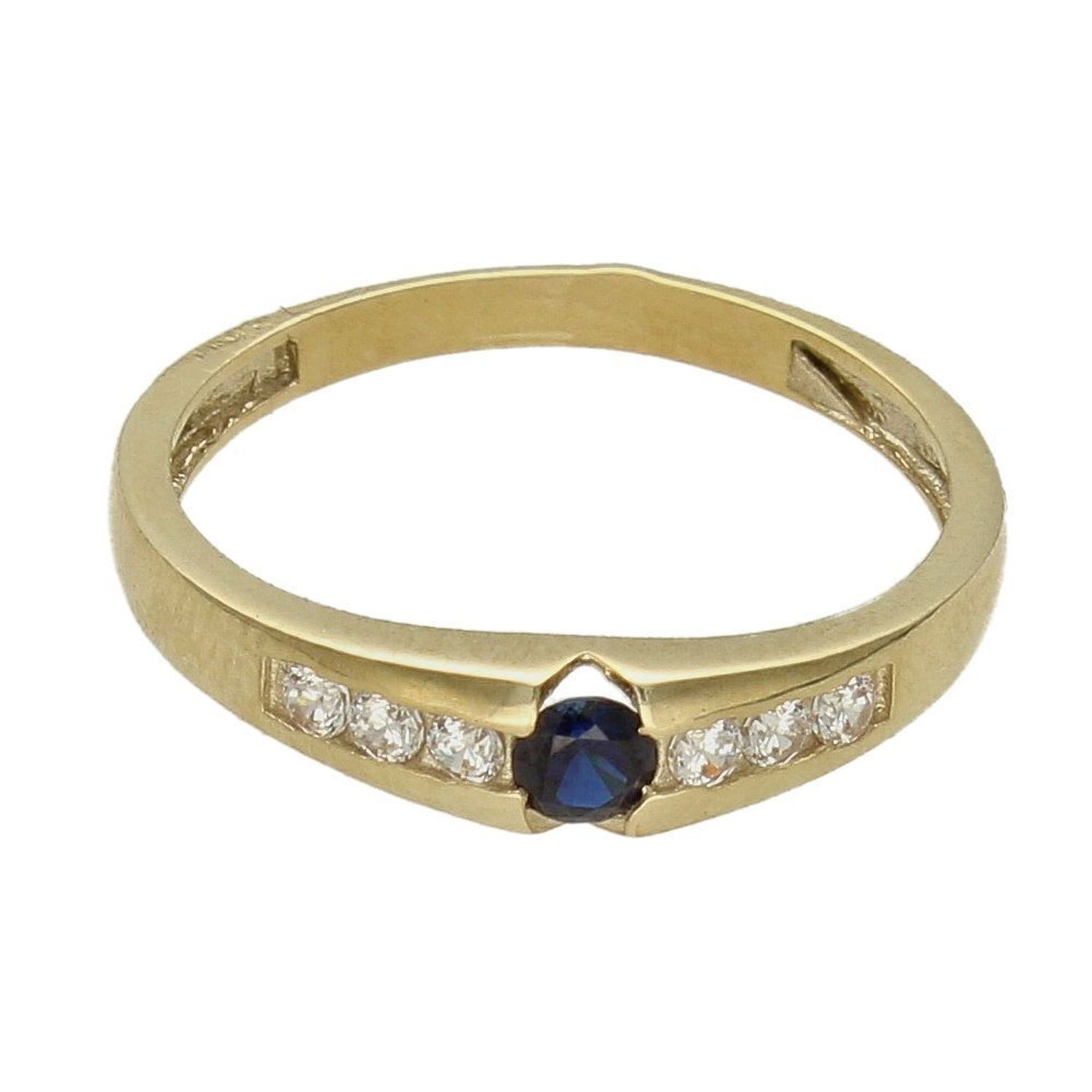 Złoty pierścionek z granatową cyrkonią pr 333 PI 1425H 333.  Granatowa cyrkonia pięknie się mieni otoczona mniejszymi białymi cyrkoniami. Ponadczasowy wzór,. Na prezent (1).jpg